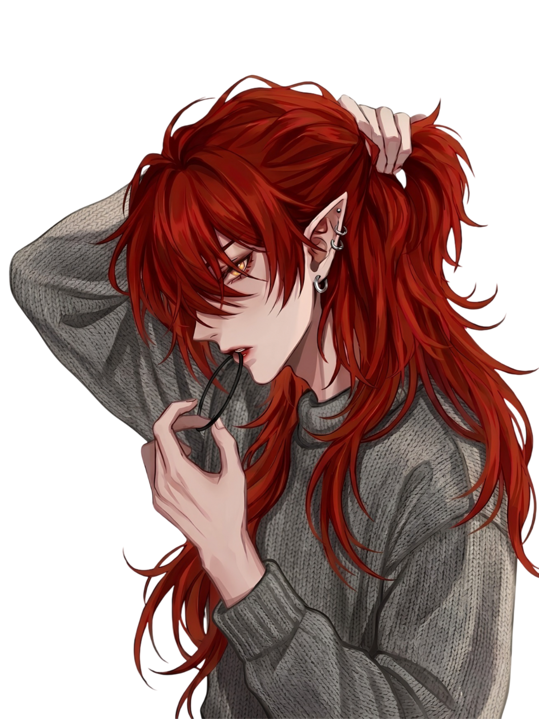 Kaiden An Grait with long red hair and glowing amber eyes